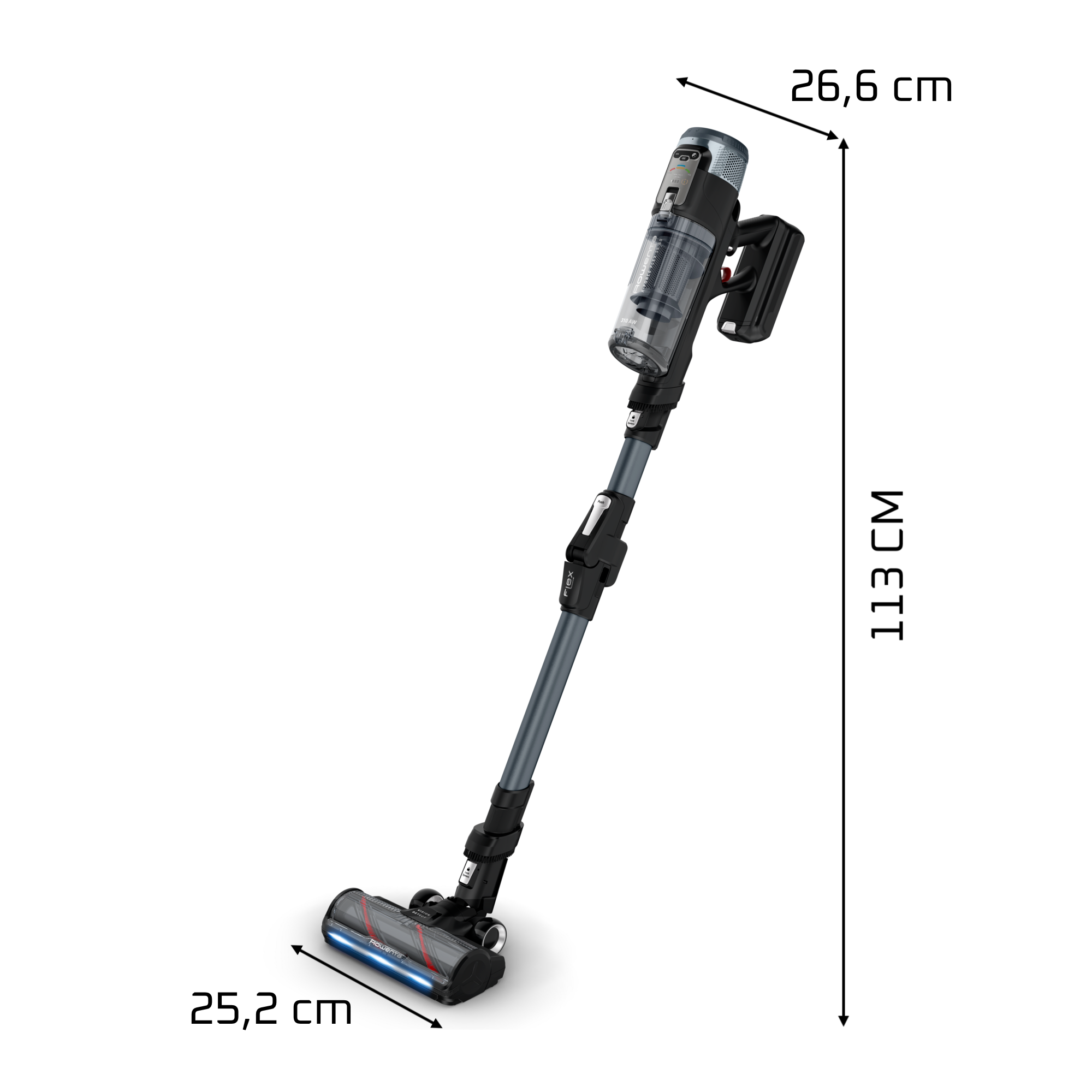 Egy fekete-szürke vezeték nélküli porszívó látható, méretekkel. Fehér háttér előtt van.