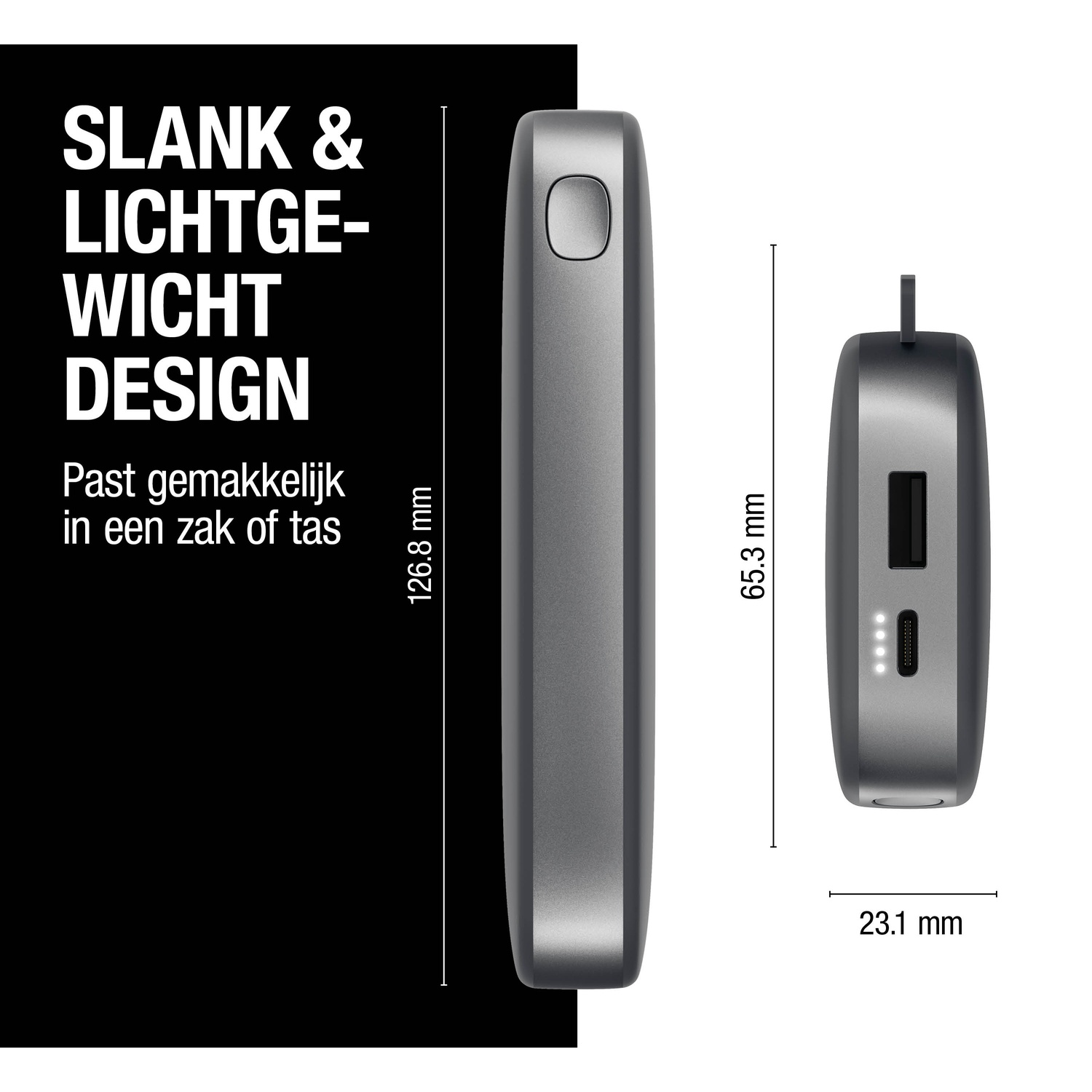 Image shows a gray device with dimensions. Text describes it as slim and lightweight, easily fitting in a pocket or bag.