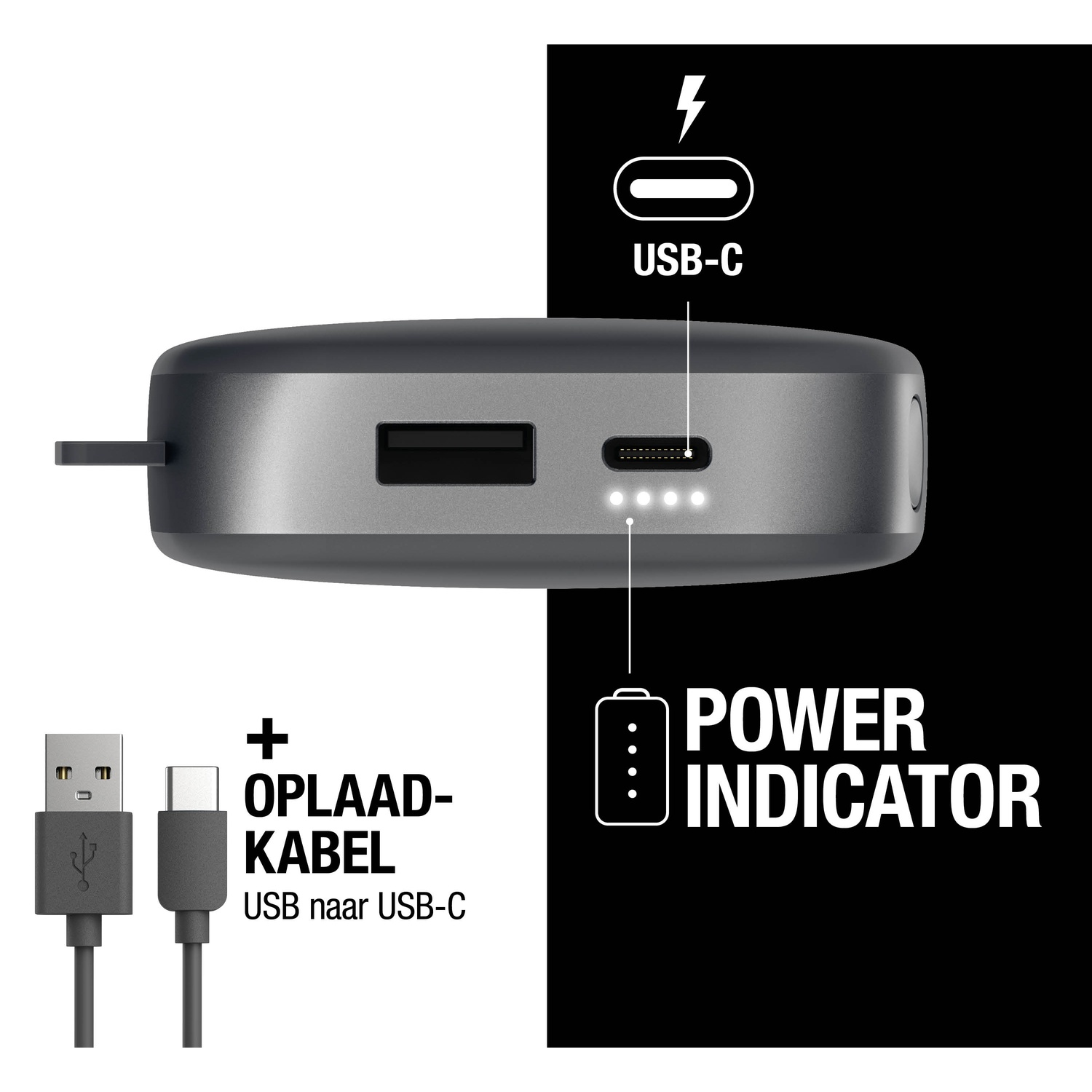 A gray power bank with USB and USB-C ports, power indicator, and USB to USB-C charging cable.