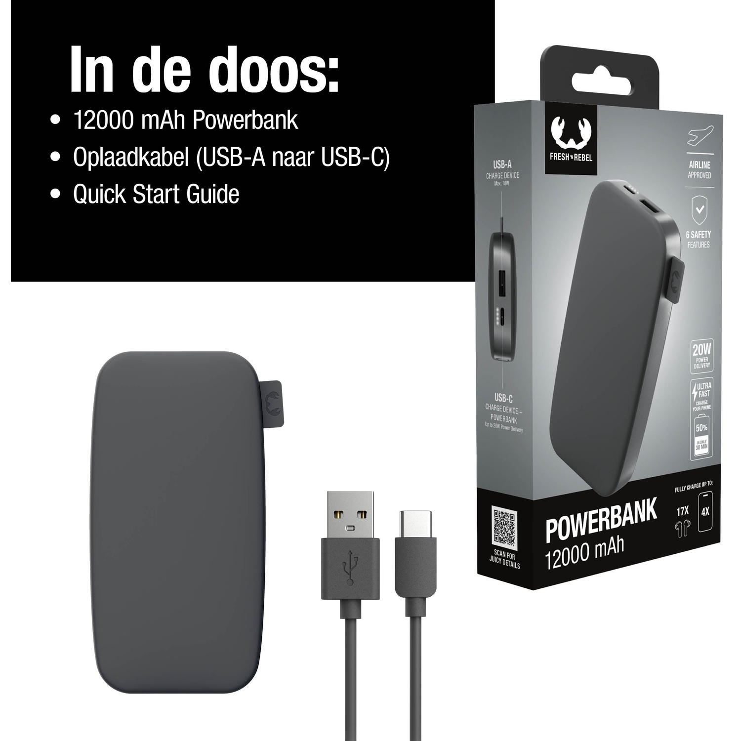 Image shows a power bank, cable, and packaging. The power bank is dark gray. The package lists features and specs.