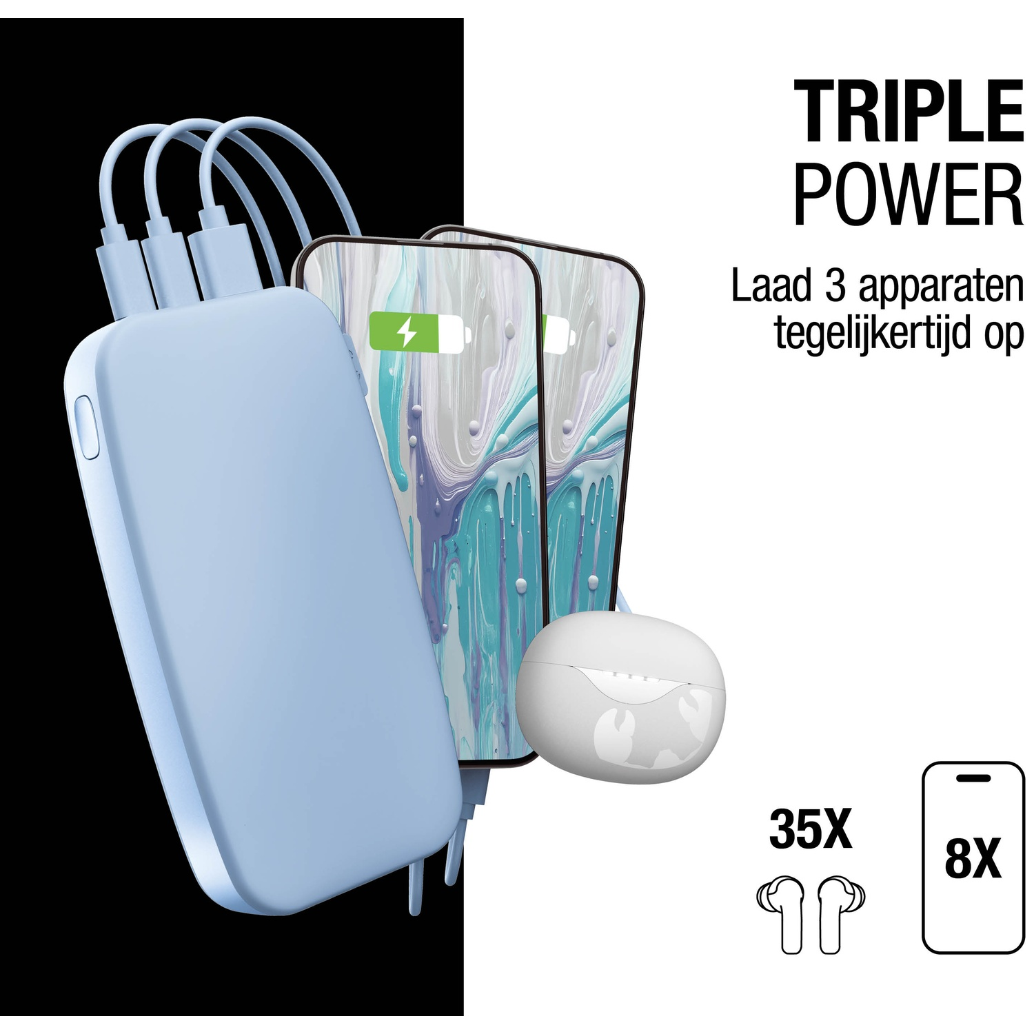 L'image montre une batterie externe chargeant des téléphones et des écouteurs. Le texte dit 'Triple Power'. D'autres icônes montrent la batterie et la capacité.
