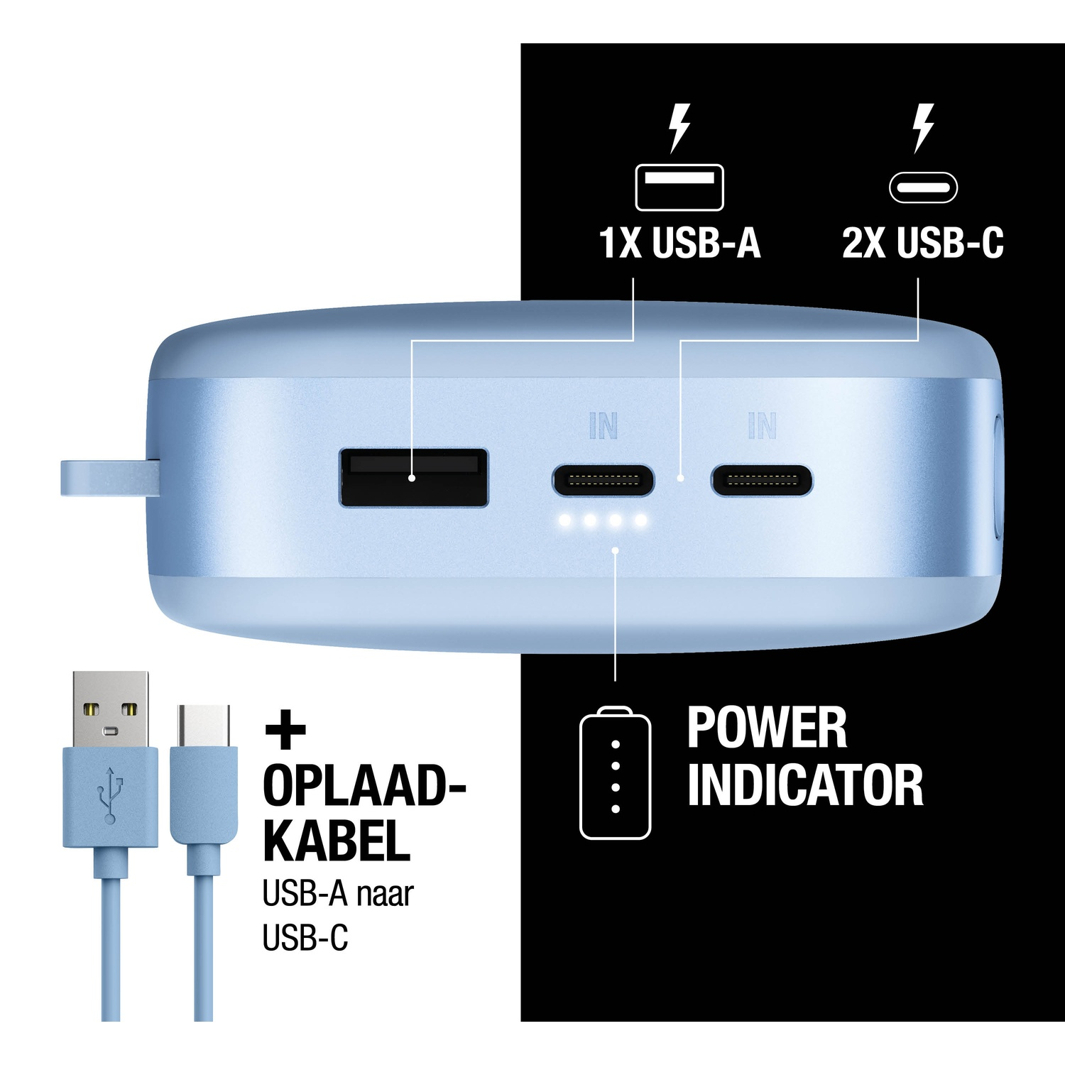 Une batterie externe bleu clair avec ports USB-A et USB-C, un indicateur d'alimentation et un câble de charge USB-A vers USB-C.
