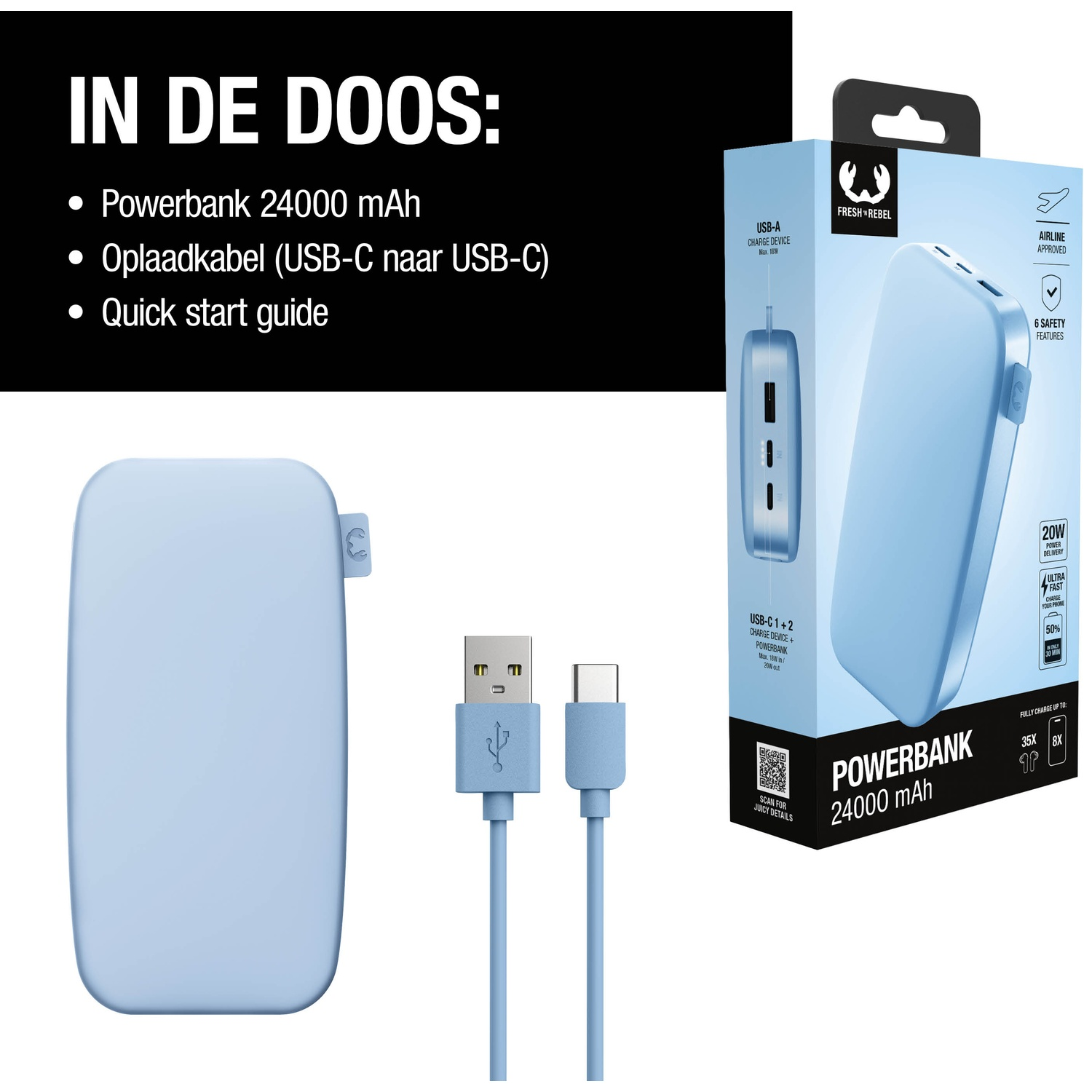 L'image montre une batterie externe bleue, des câbles USB et un emballage. Le texte comprend 'Powerbank 24000 mAh' et la marque 'Fresh Rebel'.