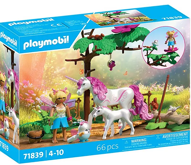 Playmobil-Set mit Fee, Einhörnern, einem Baum und einer Waldszene, mit einem Warnhinweis unten.