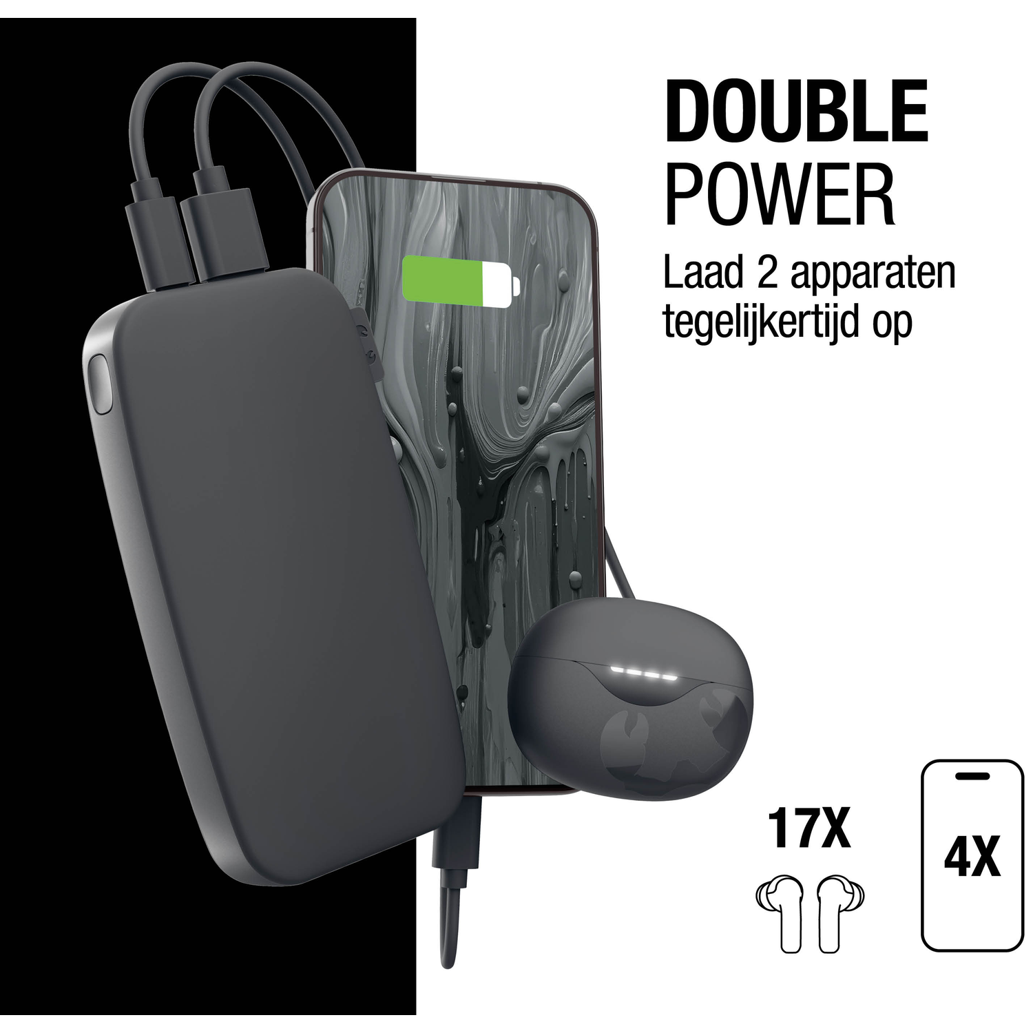 Image shows a power bank charging a phone and earbuds. The phone shows a charging battery icon. Text reads 'DOUBLE POWER'.