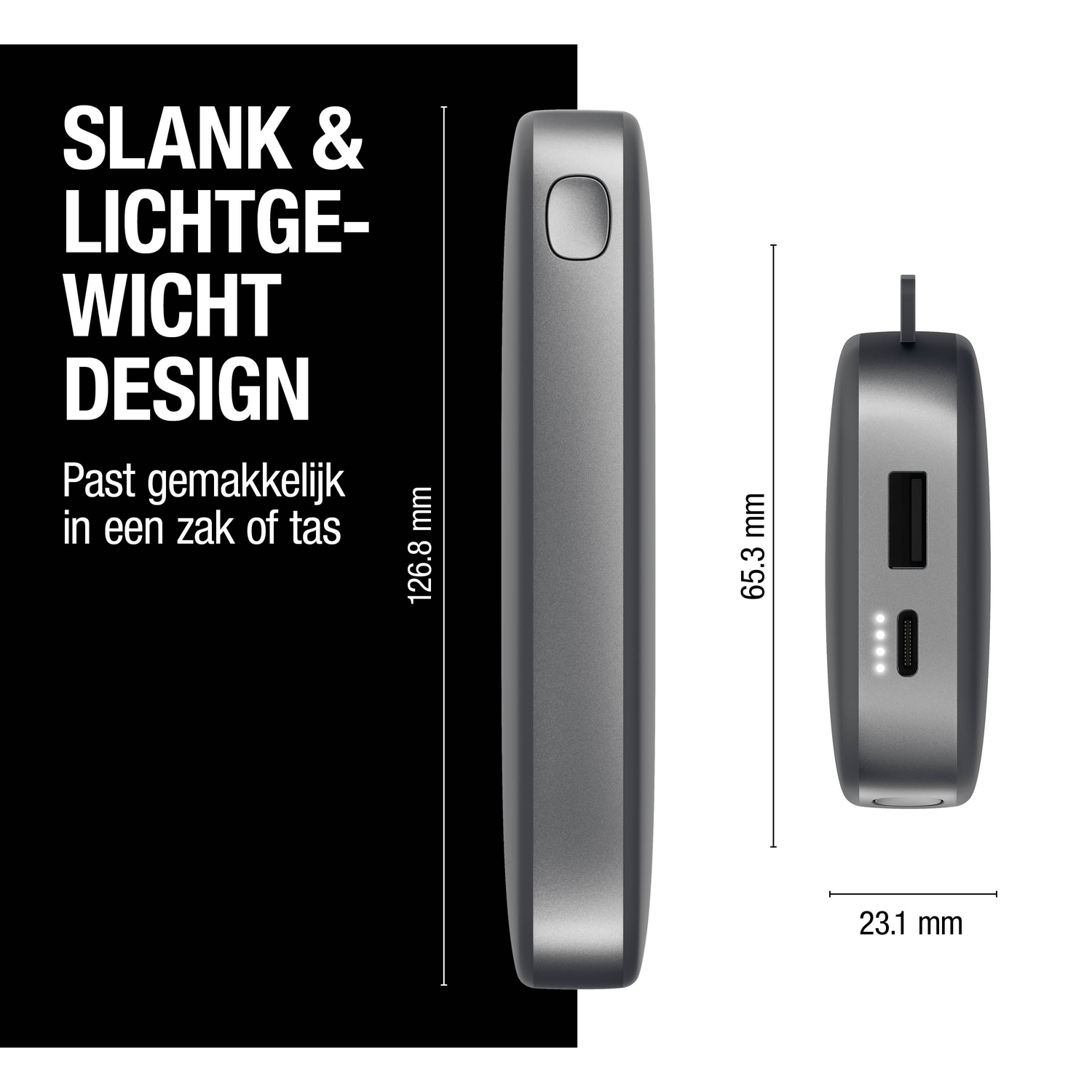 Image shows a slim, gray electronic device with dimensions labeled. Text reads 'Slim & Lightweight Design', with size details.