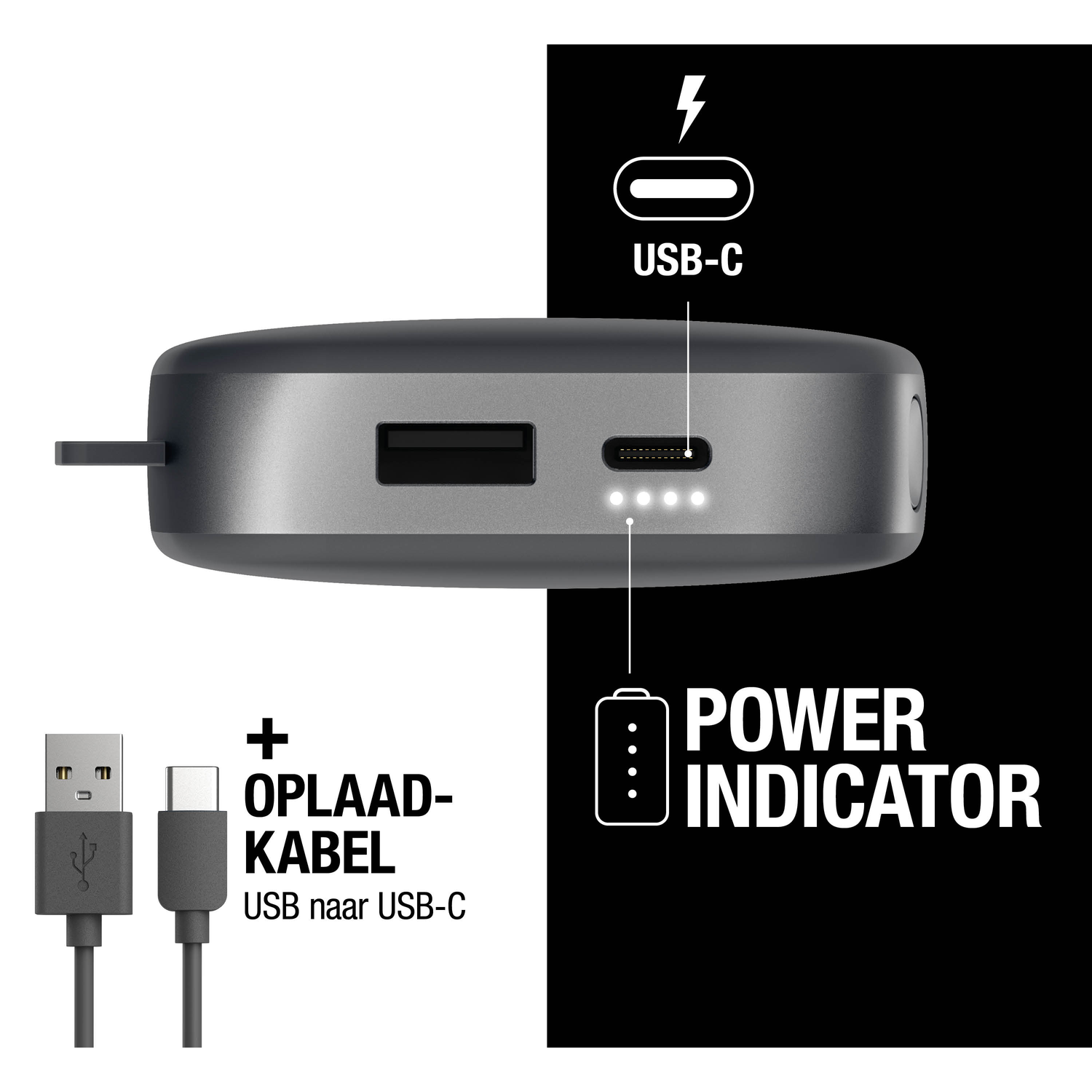 A gray power bank with USB and USB-C ports. Includes a USB to USB-C charging cable. Text labels: USB-C, Power Indicator, OPLAAD-KABEL.