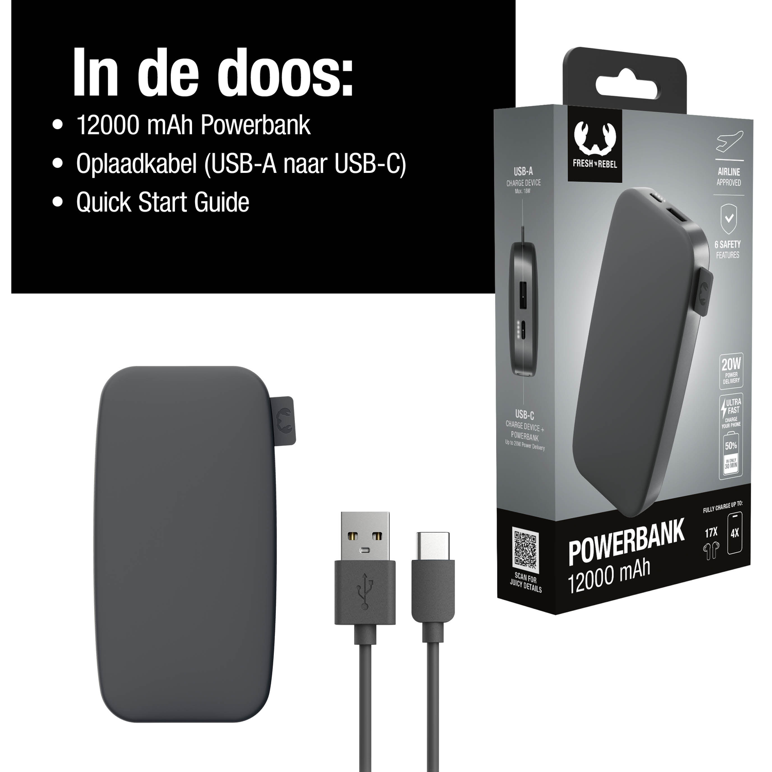 Image shows a power bank, USB cable, and packaging. The power bank is dark gray, the cable has USB-A and USB-C connectors.