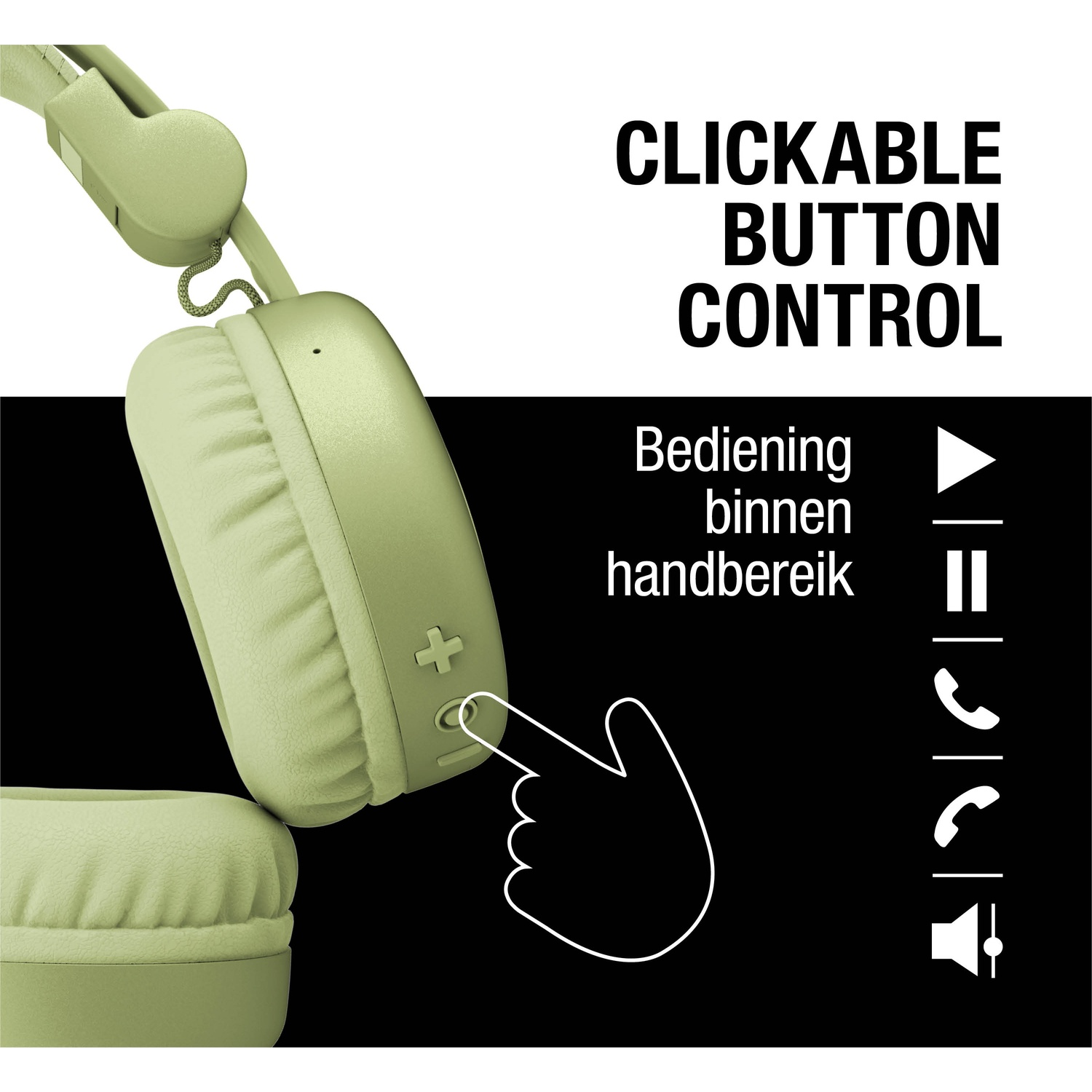 Koptelefoon met handicoon die naar een knop wijst, tekst luidt 'Klikbare knopbediening'. Koptelefoon is lichtgroen.
