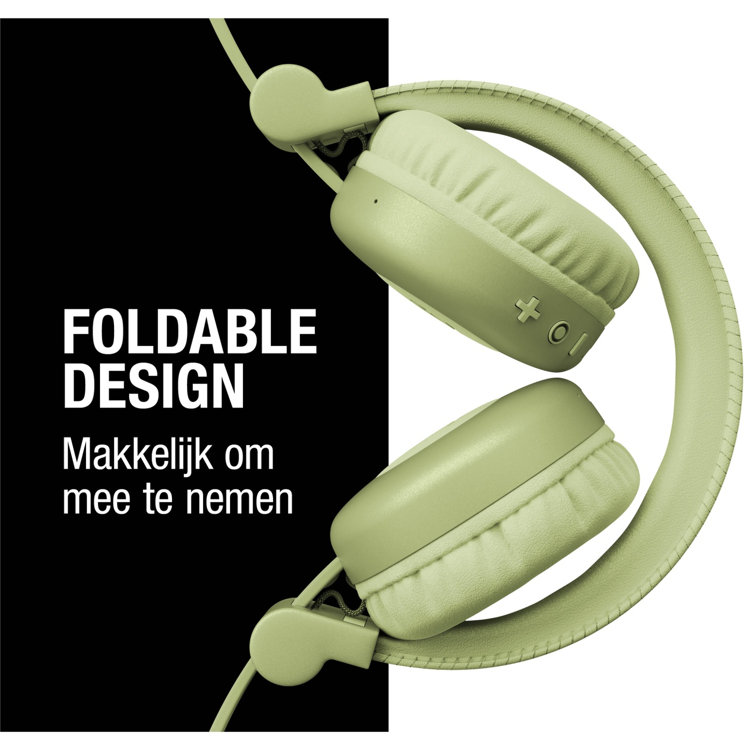 Opvouwbare groene koptelefoon. Tekst zegt 'Opvouwbaar Design' en 'Makkelijk om mee te nemen' in het Nederlands. Zwart-witte achtergrond.