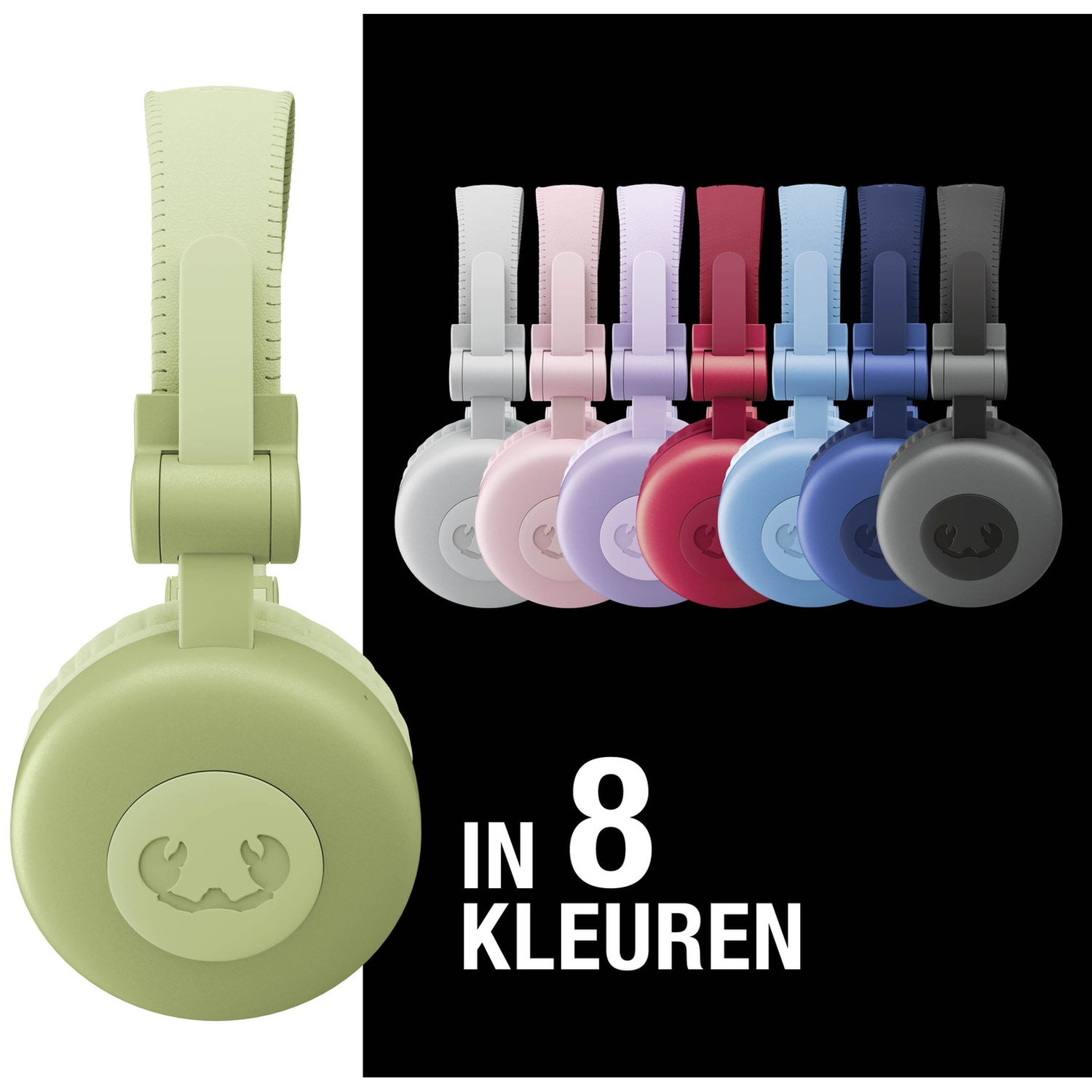 Acht kleurrijke koptelefoons tegen een zwart-witte achtergrond, tekst: 'IN 8 KLEUREN'.