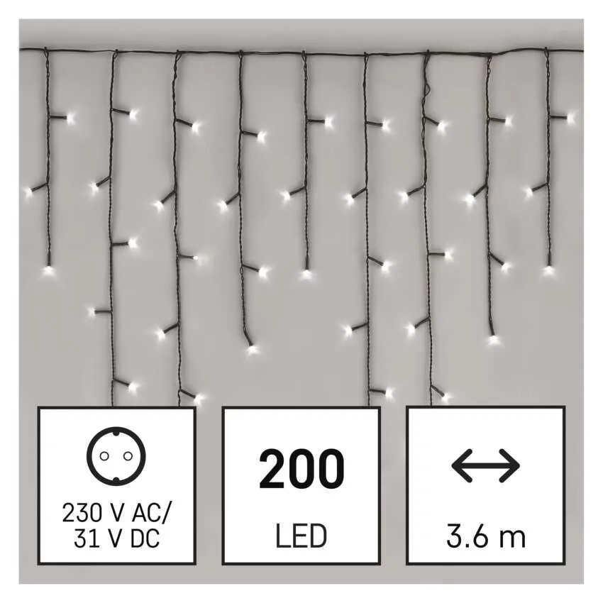 Füzérfény 200 LED-del. Információs panelek: 230V AC/31V DC, 200 LED, 3,6 m hosszúság. Szürke háttér.