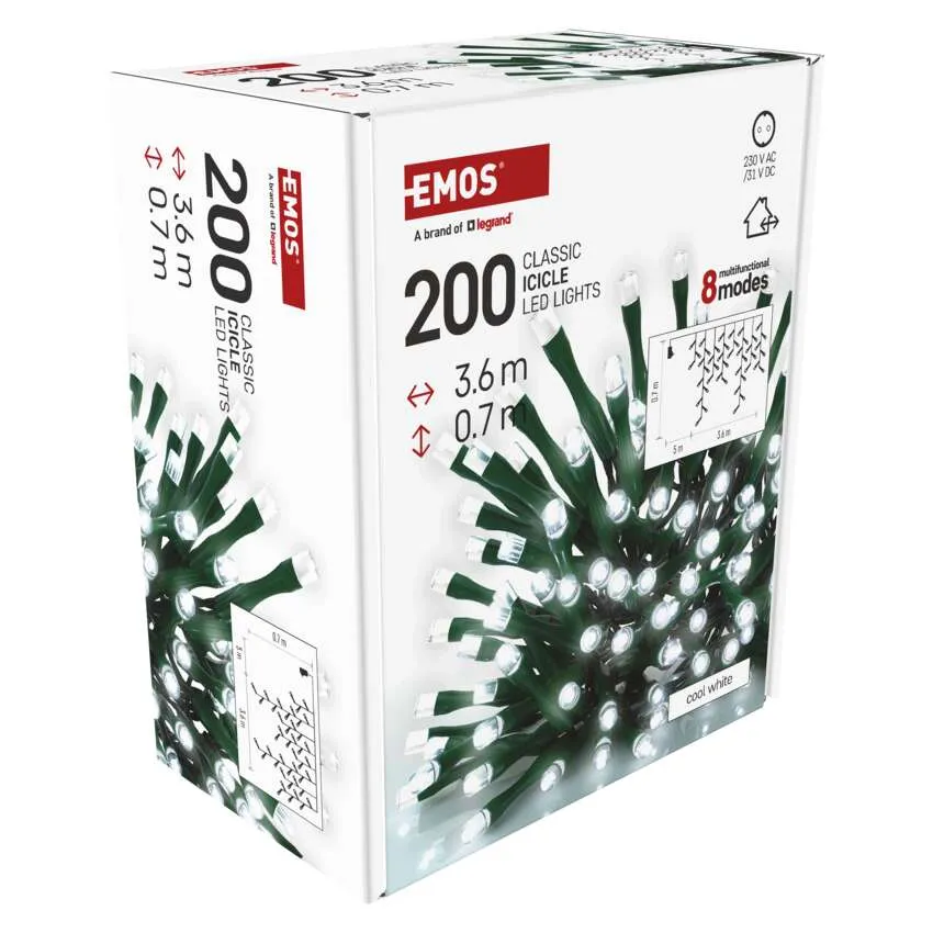 EMOS LED-es lámpák doboza. A doboz fehér, a terméket részletező szöveggel és képekkel.