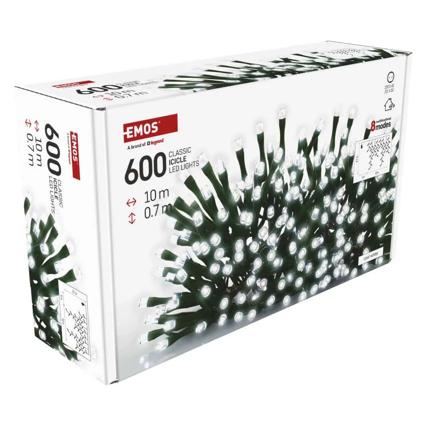 Egy doboz 600 LED jégcsap-lámpával. A doboz fehér, szöveggel és illusztrációkkal. A lámpák fehérek és zöldek.