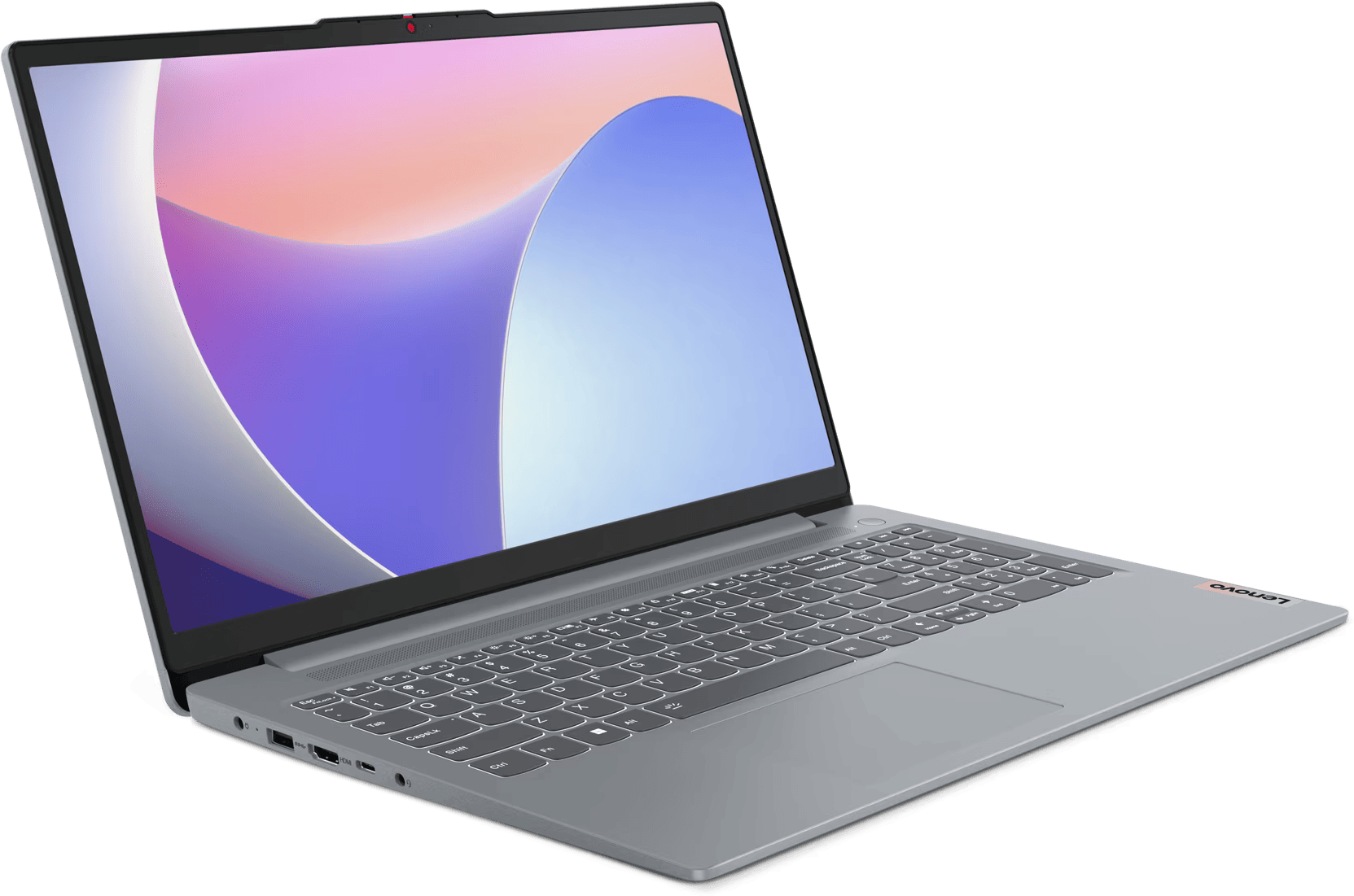 Nyitott Lenovo laptop. Az képernyő absztrakt színeket mutat. A billentyűzet és a tapipad látható. Zöld háttér.