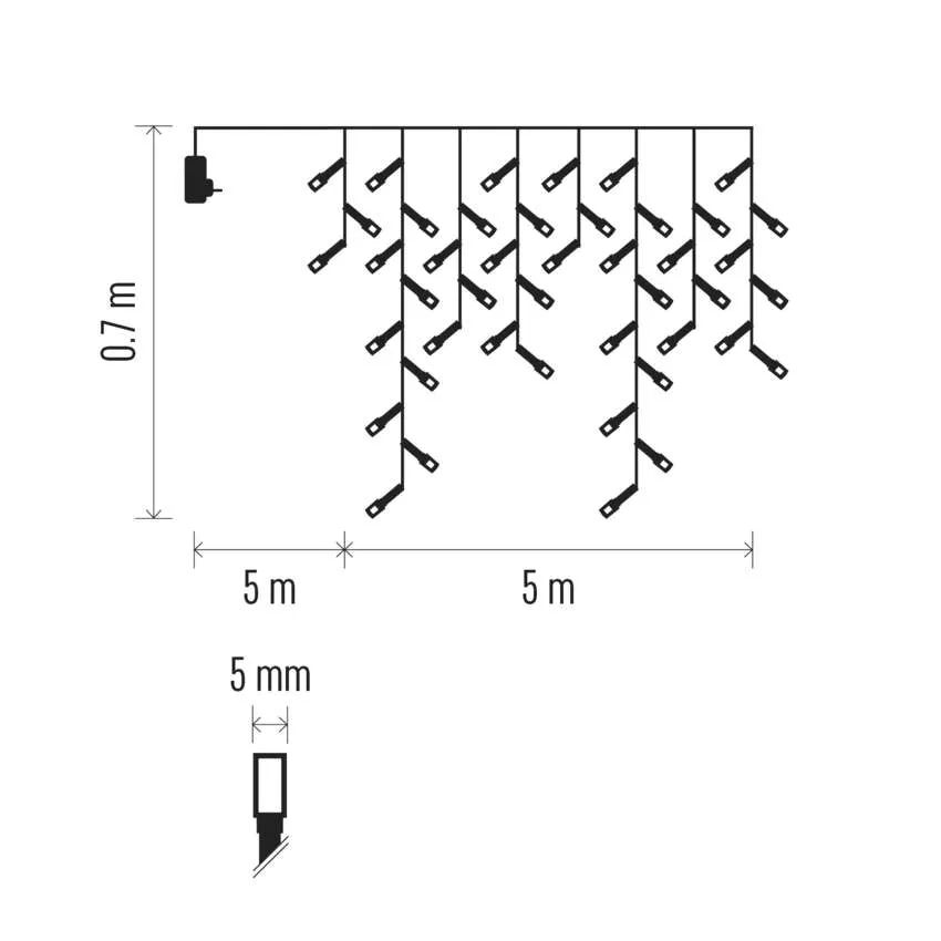 Karácsonyi fények diagramja: egy füzér, méretek 0,7 m magas, 5 m és 5 m széles. Egyedi részlet: 5 mm.