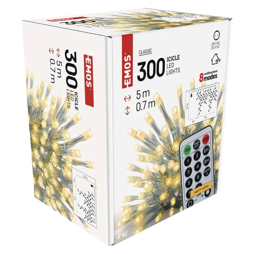 LED jégcsapfények doboza. Fehér doboz piros díszítéssel. Tartalmaz távirányítót és specifikációkat.