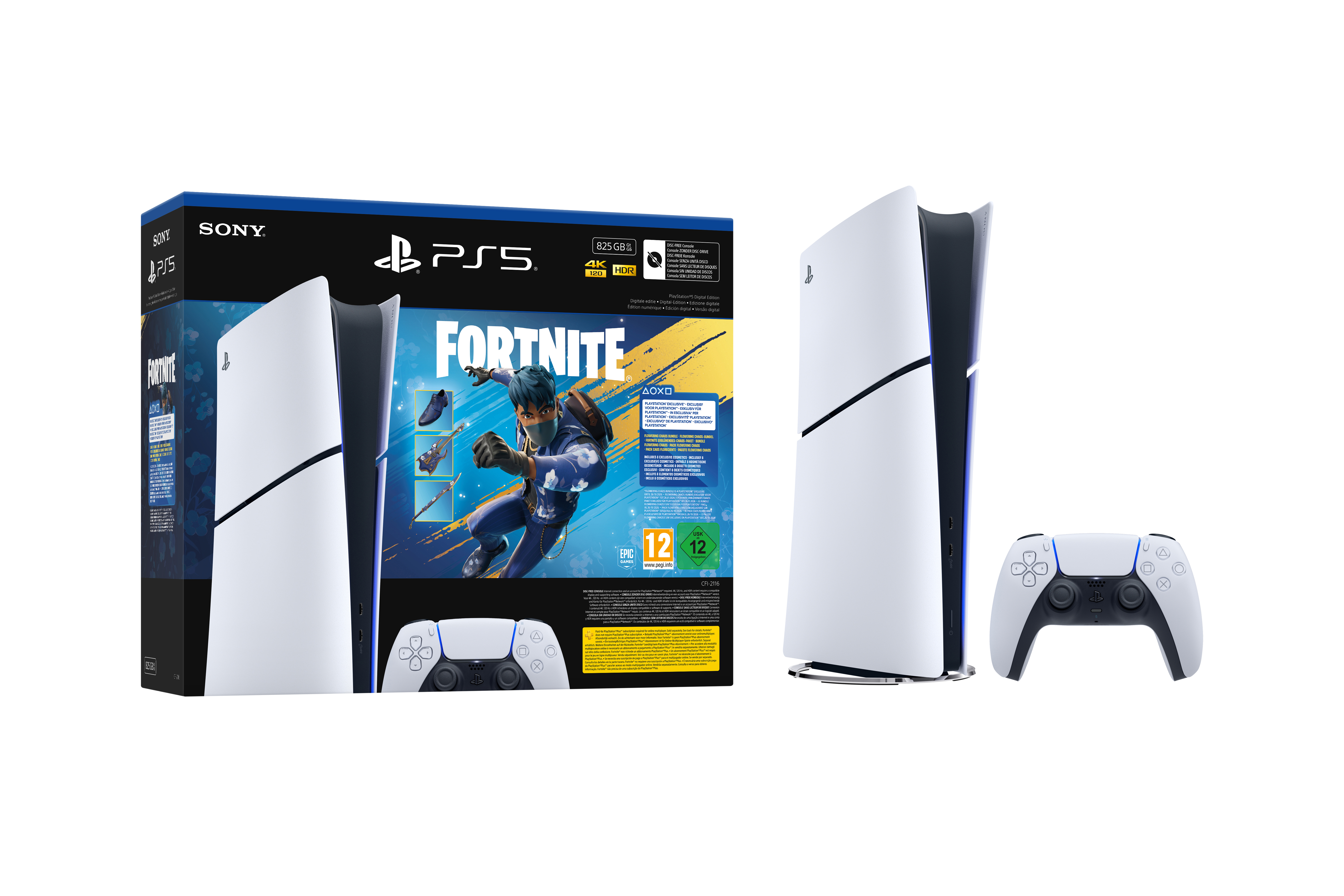 Eine PlayStation 5 Konsole, Box und Controller vor weißem Hintergrund. Die Box zeigt ein Fortnite-Thema.