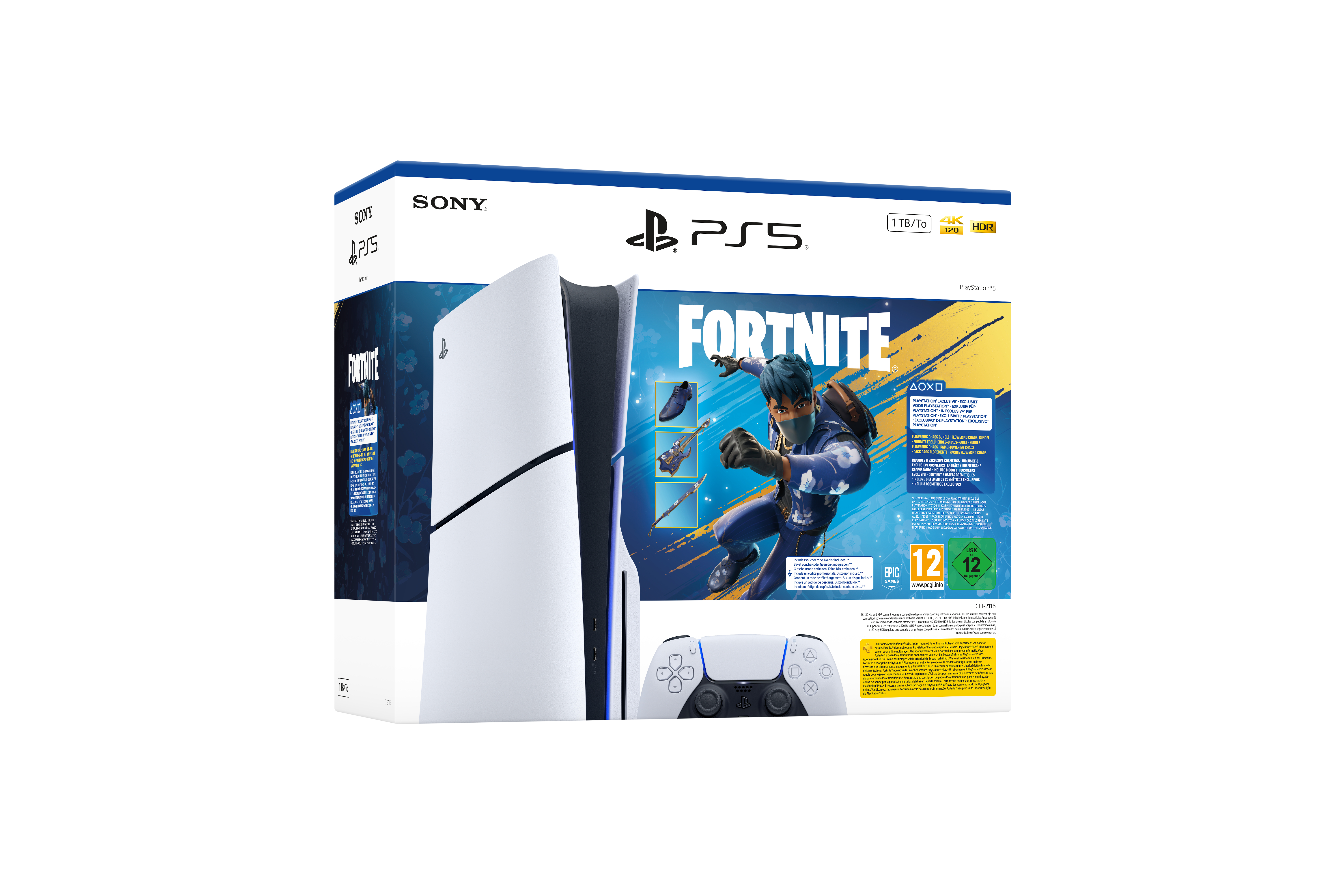 PS5 Fortnite-Bundle-Box. Weiße Konsole und Controller, Box mit Fortnite-Figur.