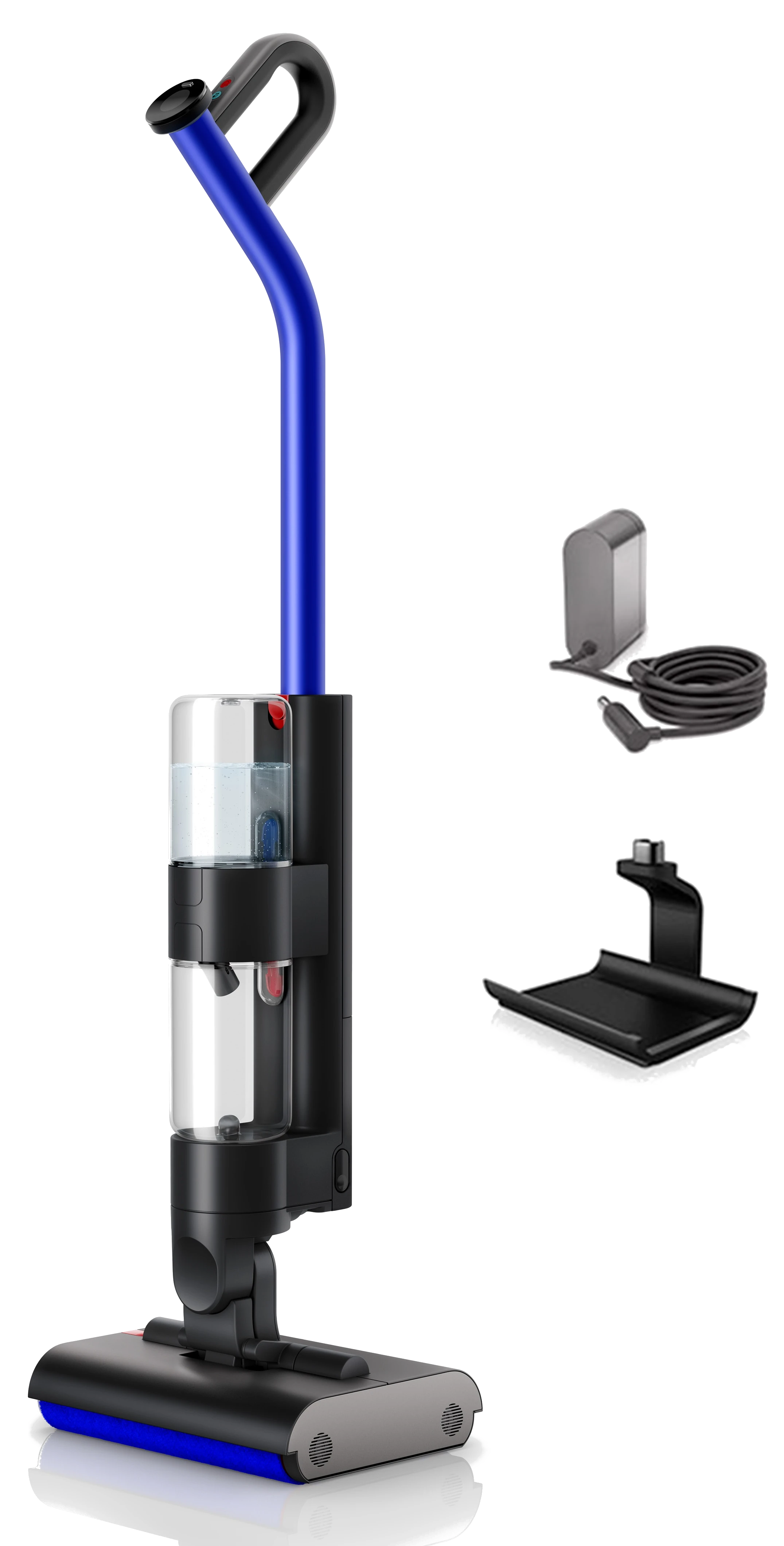 Bezprzewodowy odkurzacz z niebieskim uchwytem i szczotką, czarnym korpusem i akcesoriami do ładowania na czarnym tle.