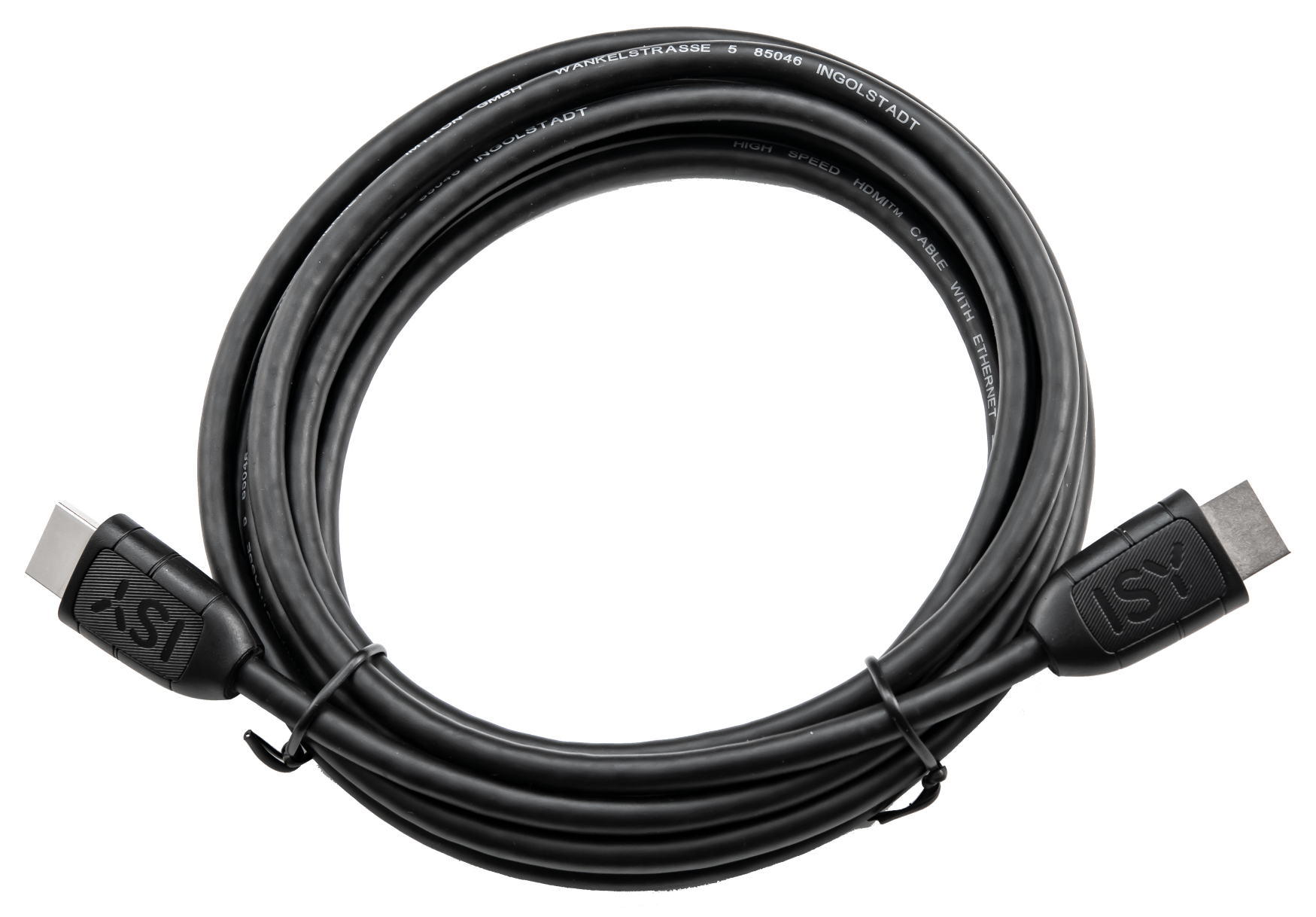 Czarny kabel HDMI ze złączami, zwinięty na czarnym tle. Kabel ma tekst wskazujący na prędkość i ethernet.