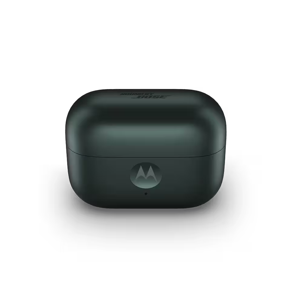 Sötétzöld, lekerekített Motorola fülhallgató tok, elöl a Motorola logóval. Felül a 'SOUND BY BOSE' felirat.