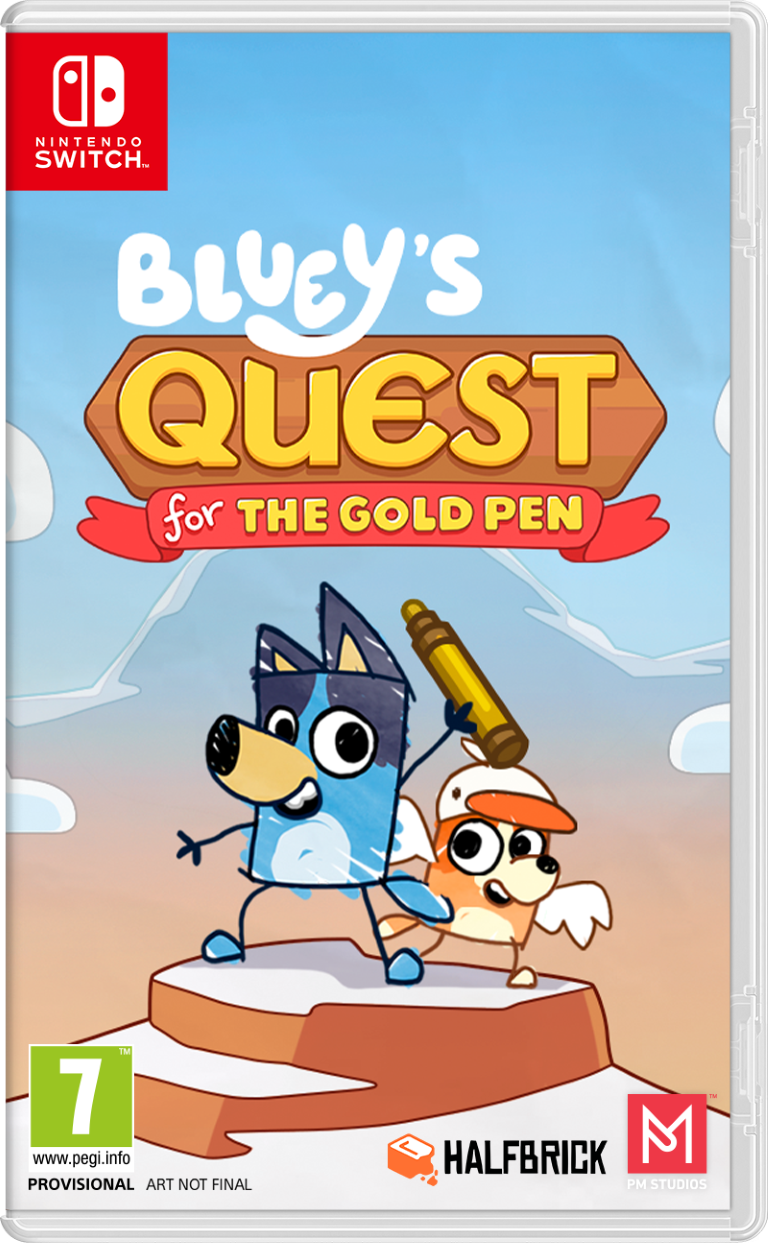 Okładka gry Bluey's Quest. Bluey i przyjaciel stoją na zaśnieżonej platformie. Bluey trzyma złoty długopis. Tytuł to 'Quest for The Gold Pen'.