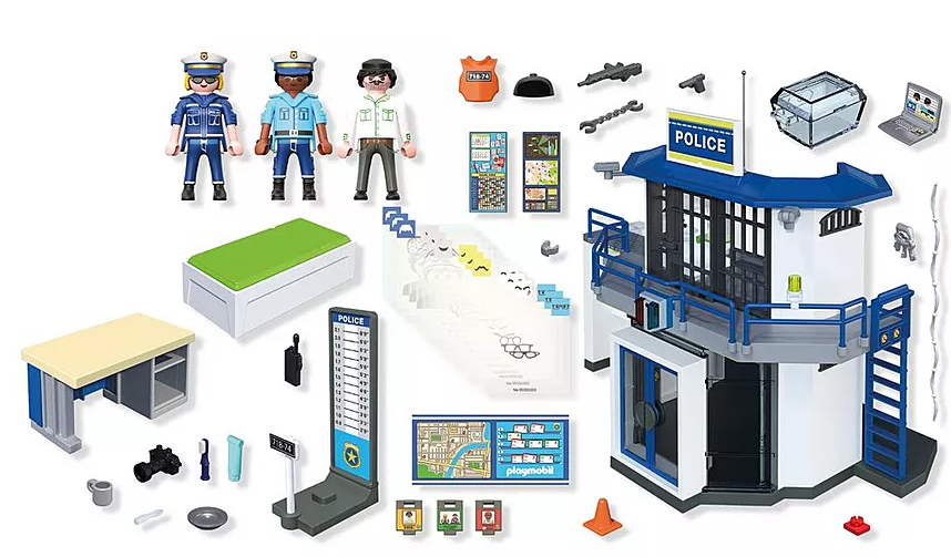 Ein Polizeistations-Spielset mit Figuren, Zubehör und einem Gebäude. Enthält Beamte, einen Schreibtisch, eine Gefängniszelle, Waffen und Werkzeuge.