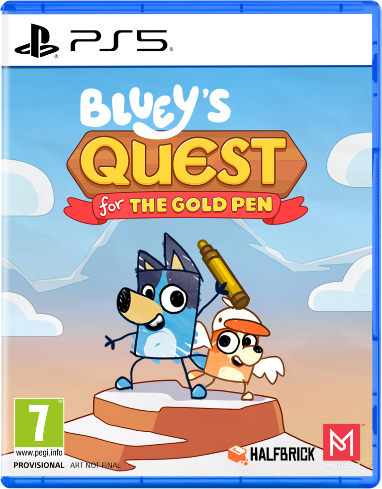 Bluey i przyjaciel stoją na zaśnieżonej platformie, trzymając duży długopis. Tytuł: Bluey's Quest for the Gold Pen. Okładka gry PS5.