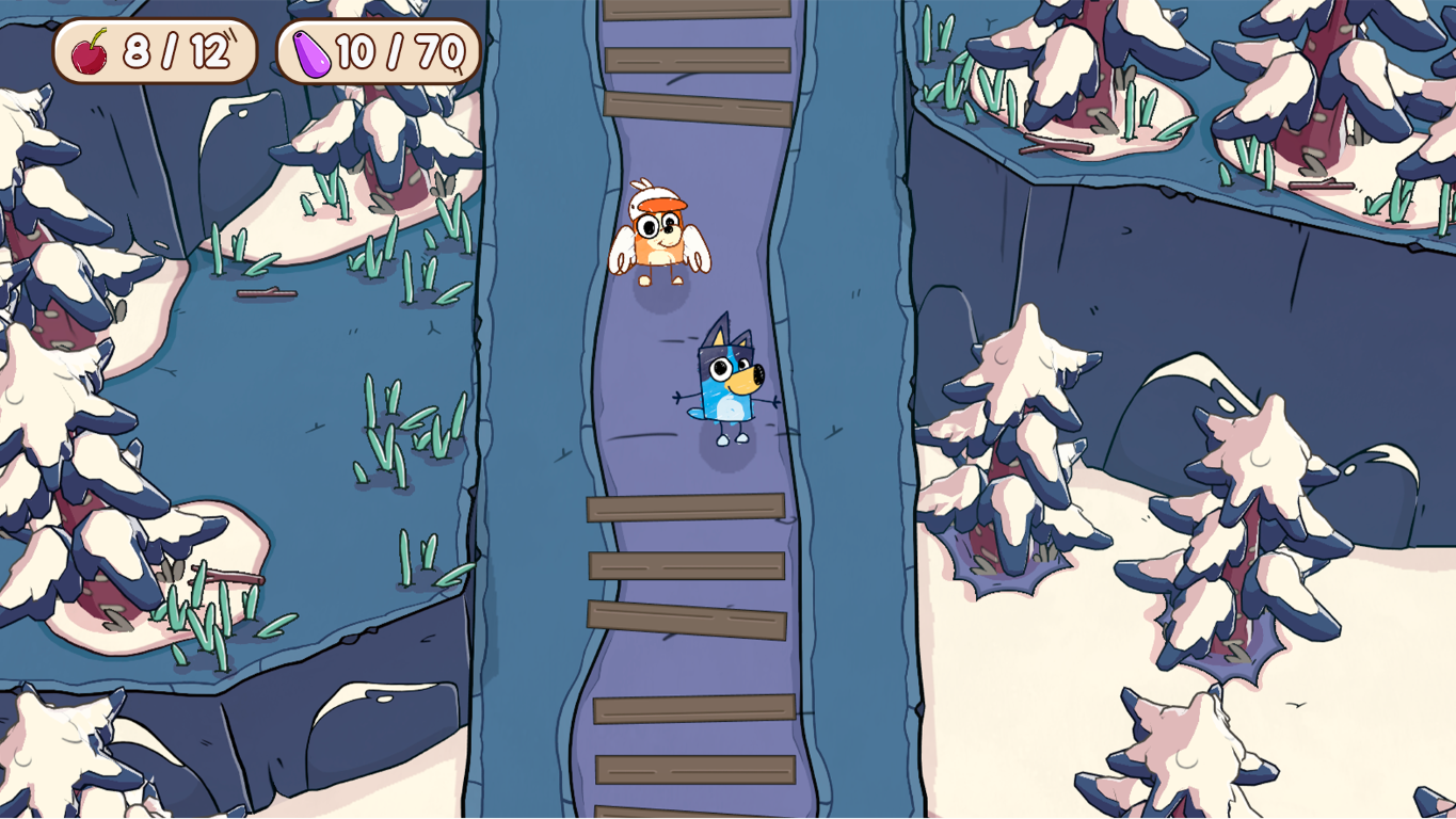 Dwie postacie z kreskówek idą po drewnianym moście, otoczone zaśnieżonymi drzewami. Ikona wiśni i ikona bakłażana znajdują się w lewym górnym rogu.