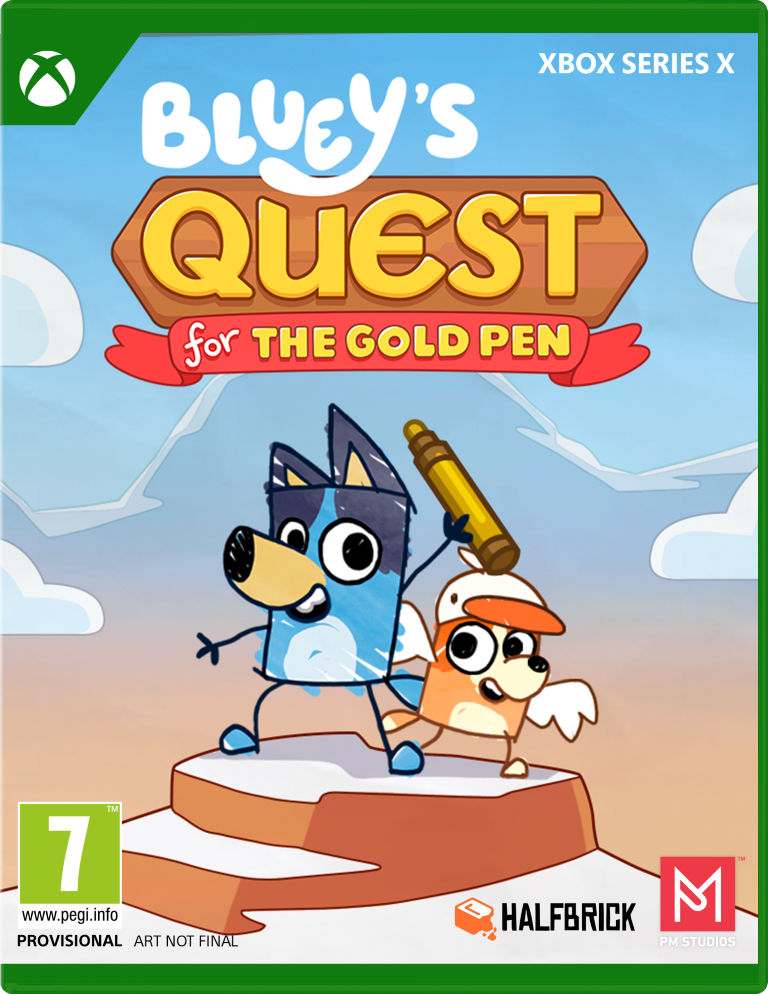 Bluey i przyjaciel stoją na platformie. Tytuł gry to 'Bluey's Quest for the Gold Pen' z logo Xbox Series X.