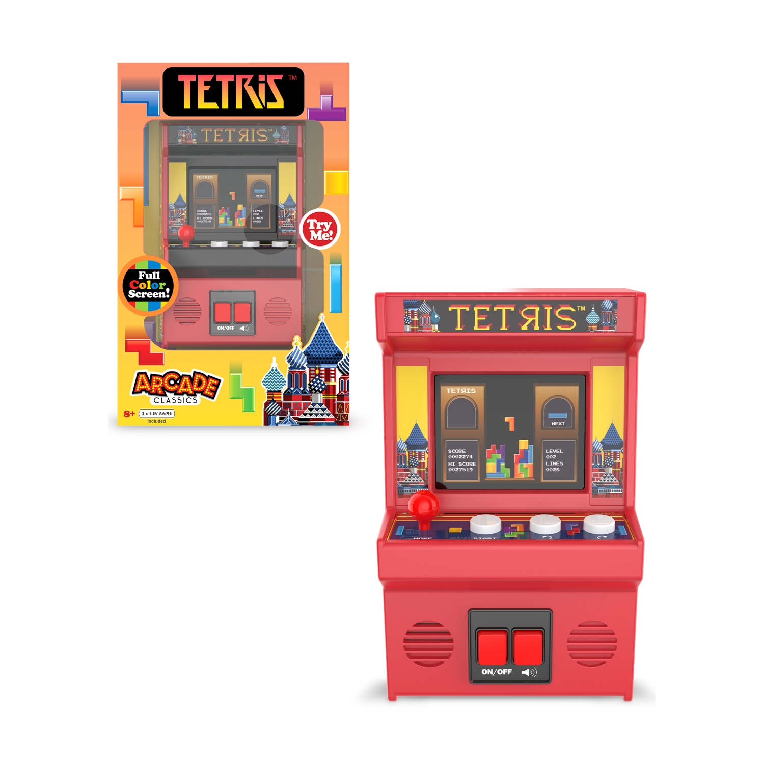 Un cabinato arcade Tetris rosso con uno schermo che mostra il gioco. La scatola è dietro. Ha pulsanti e un joystick.