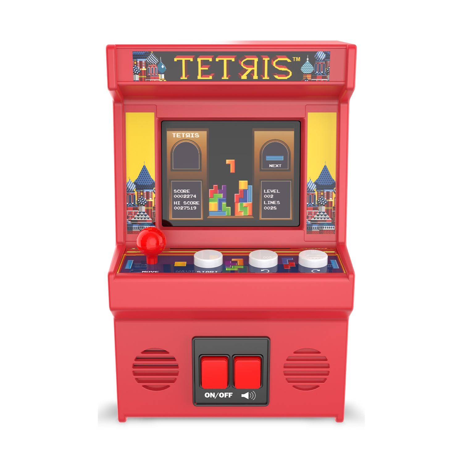 Un cabinato arcade Tetris rosso. Lo schermo mostra il gioco in corso. Ha un joystick, pulsanti e un interruttore on/off.