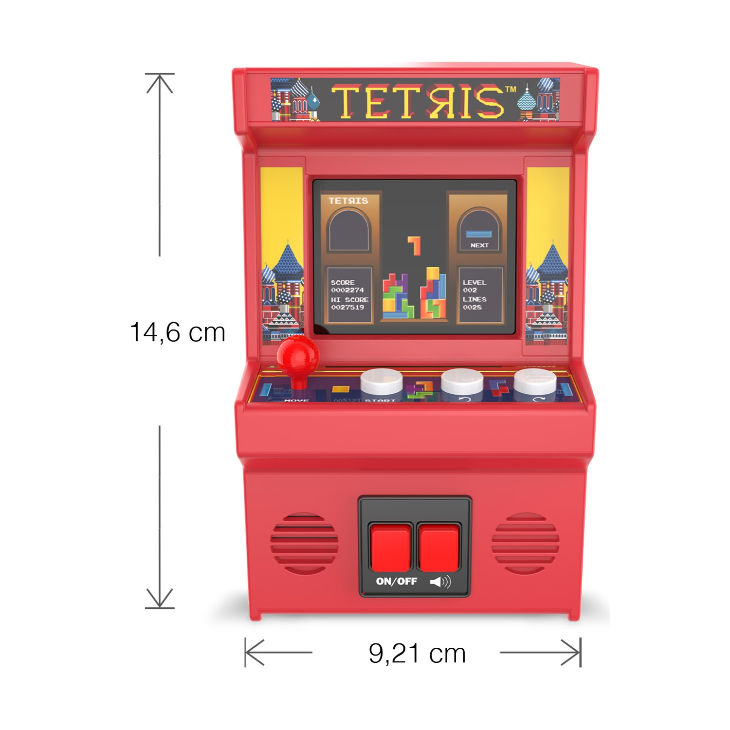 Un cabinato arcade Tetris rosso. Ha uno schermo che mostra il gioco, pulsanti e un joystick. Le dimensioni sono 14,6 cm x 9,21 cm.