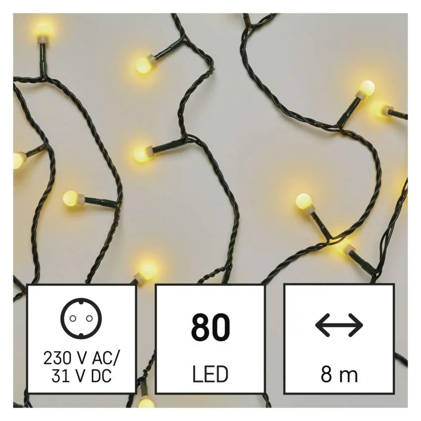 Füzérfény 80 melegfehér LED-del. Tartalmazza a hálózati csatlakozót, feszültség- és hosszúsági információkat (8m).