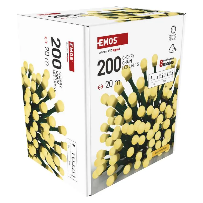 EMOS Cherry Chain LED-fények doboza, 200 lámpa, 20 m hosszú, meleg fehér. 8 üzemmóddal rendelkezik. A doboz fehér, termékadatokkal.