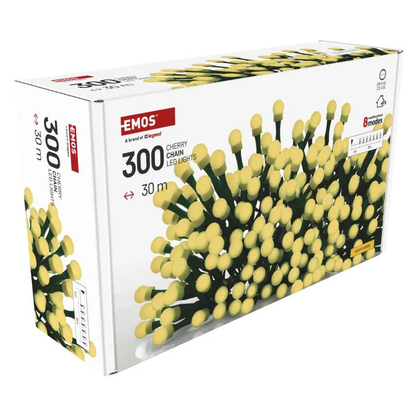 Egy doboz EMOS 300 cseresznye lánc LED-es lámpák. A doboz fehér, szöveggel és illusztrációkkal, sárga izzós lámpákkal.