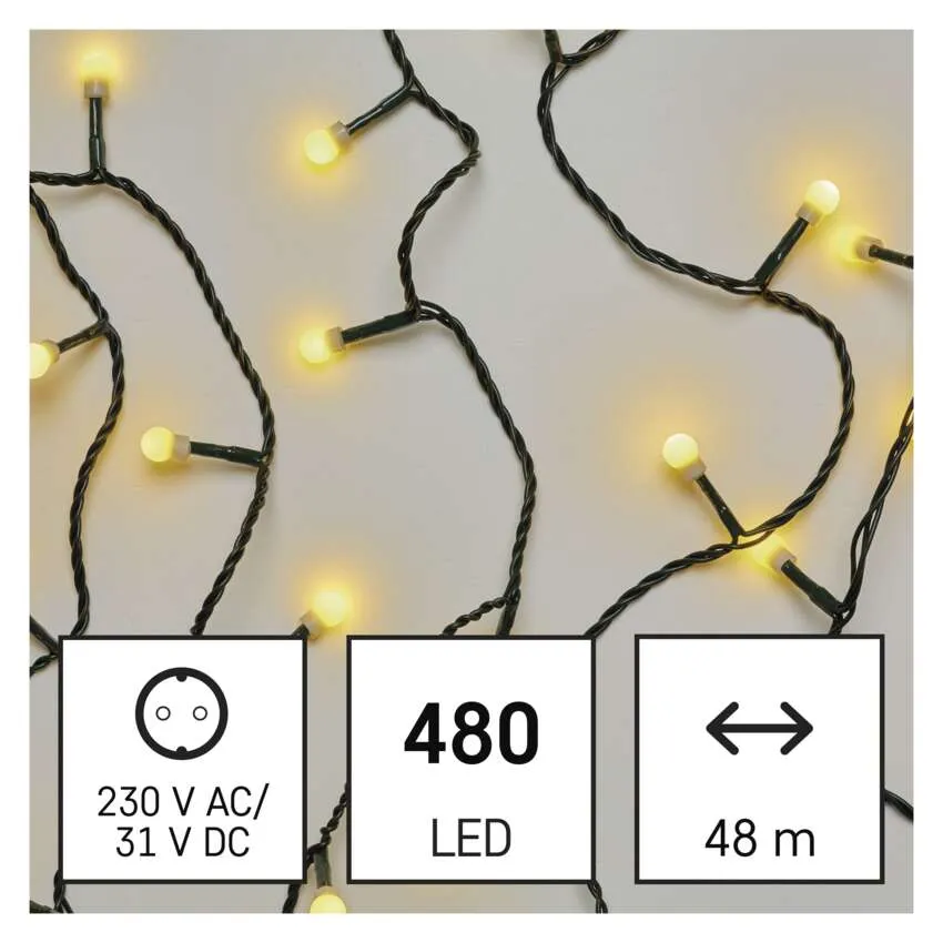 Meleg fehér LED-es füzér. Tartalmazza az áramellátási információkat, 480 LED-et és egy 48 m-es hosszt.