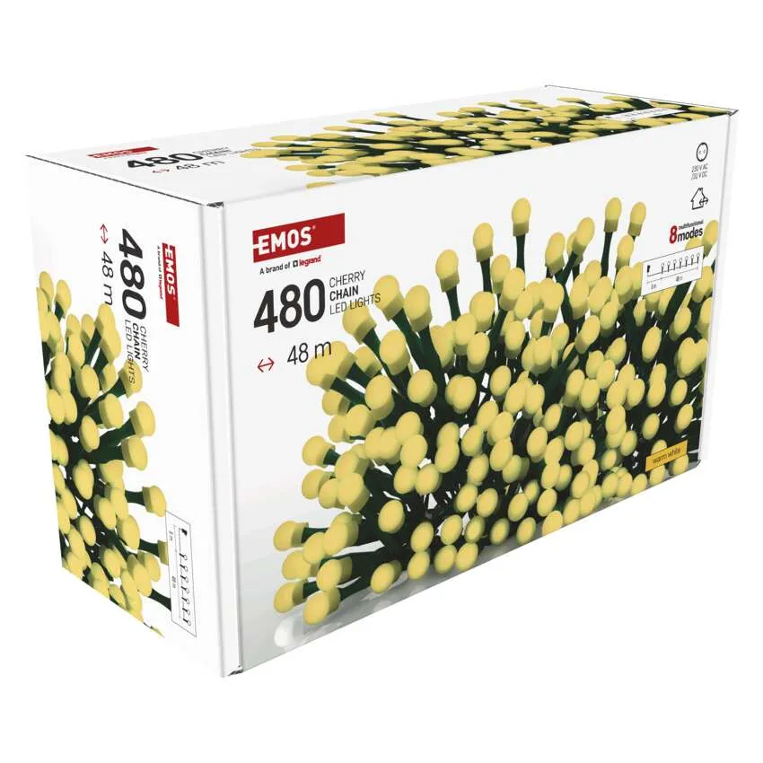 Egy doboz cseresznye lánc LED-es lámpák. A doboz fehér, szöveggel és a lámpák képével. A lámpák sárgák.