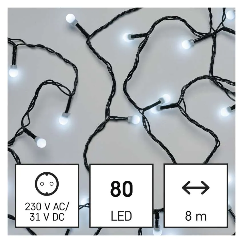 Füzérfény fehér izzókkal fekete vezetéken. Specifikációk: 80 LED, 8m hossz, 230V AC/31V DC. Dugó és méret ikonok.