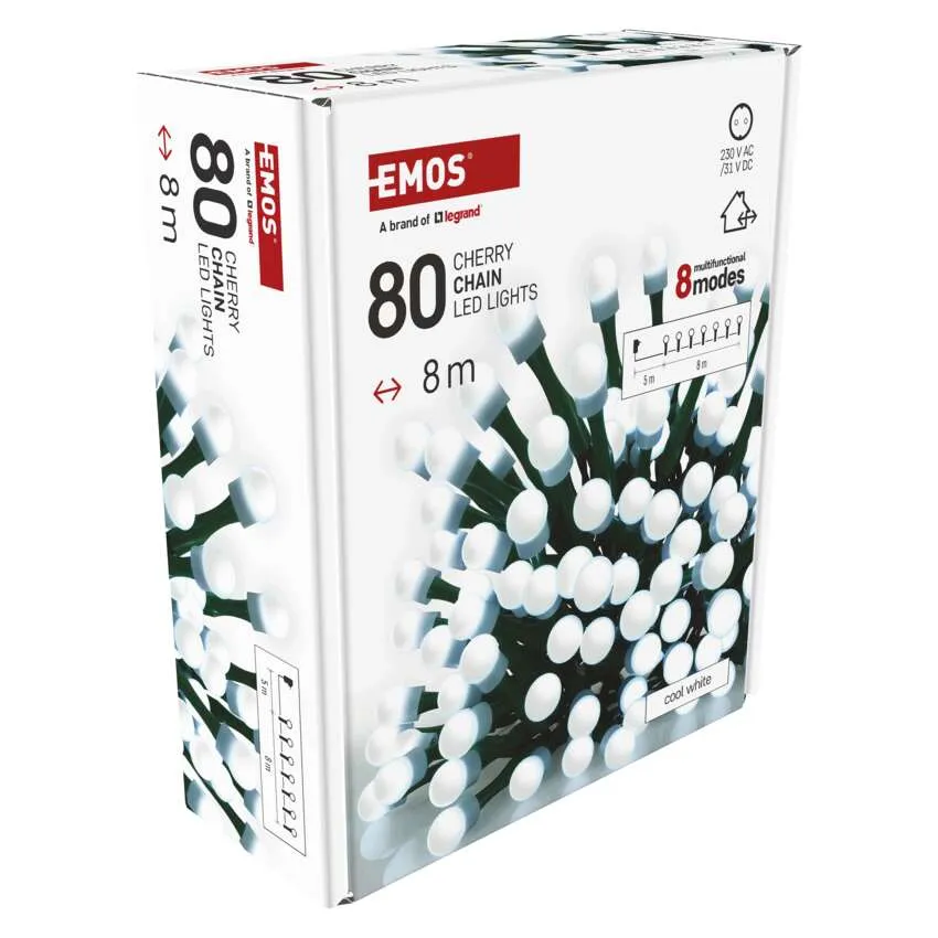 EMOS cseresznye lánc LED-es lámpák doboza. Fehér lámpák, zöld vezeték, 80 lámpa, 8 m hosszú, 8 mód. Hideg fehér.