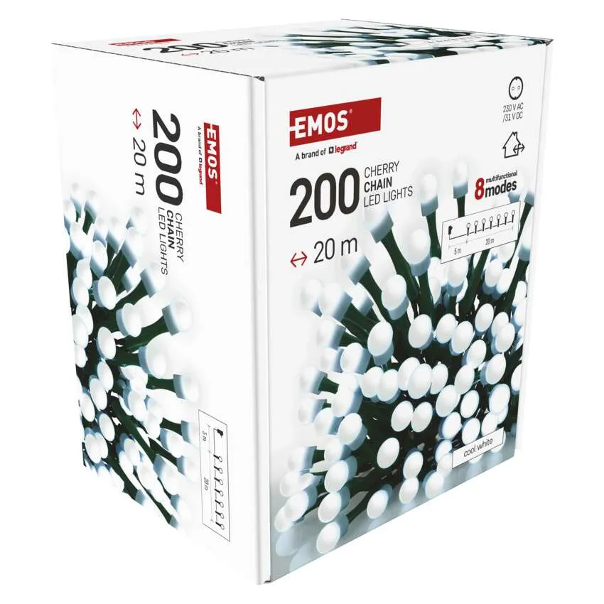 EMOS LED cseresznyefüzér lámpák doboza. Fehér fények, 200 LED, 20 méter hosszú, 8 móddal.