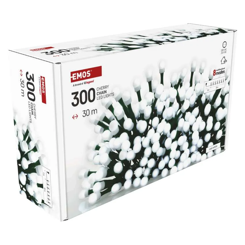 EMOS LED cseresznye füzérfény doboza. Fehér lámpák fekete vezetékeken. A szöveg tartalmazza a '300', '30 m' és '8 mód'.