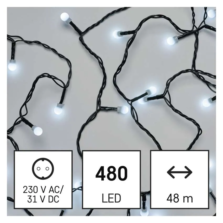 Füzérfények fehér izzókkal fekete vezetéken. Az infografikák a feszültséget, a mennyiséget (480 LED) és a hosszt (48 m) mutatják.