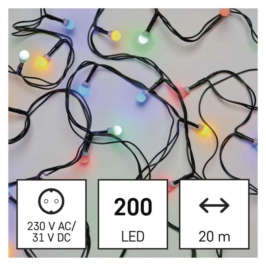 Színes LED-es füzérfények, fekete vezetékek és specifikációs dobozok: 230V, 200 LED és 20 méter.