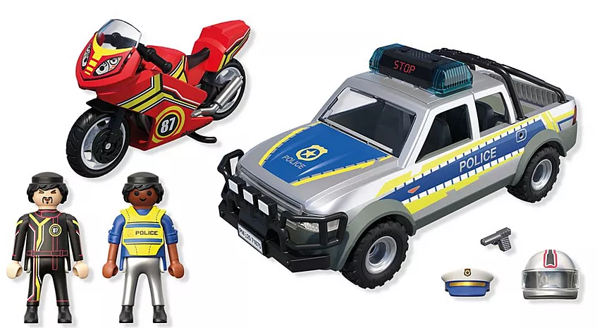 Spielzeug-Polizeiset: rotes Motorrad, silberner Polizeitransporter, zwei Beamte, Helm, Hut, Pistole.