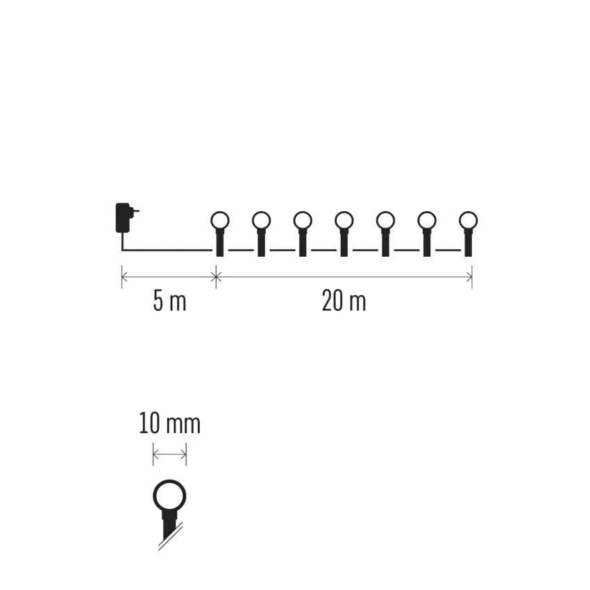 Fénysor diagramja. Méretek: 5 m, 20 m és 10 mm. Van egy dugó és egyetlen izzó is.