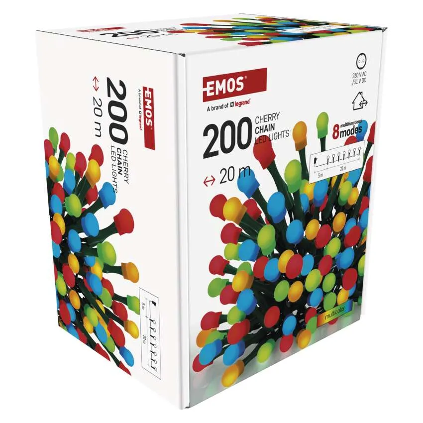 EMOS LED-fények doboza, 200 fény, többszínű, 20m. Cseresznyefüzér-fények, 8 móddal. A termék részletei láthatók.