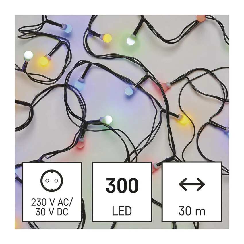 Színes LED-es lámpasor fekete vezetékkel, fehér felületen. Információs dobozok mutatják a feszültséget, a LED-ek számát és a hosszt.