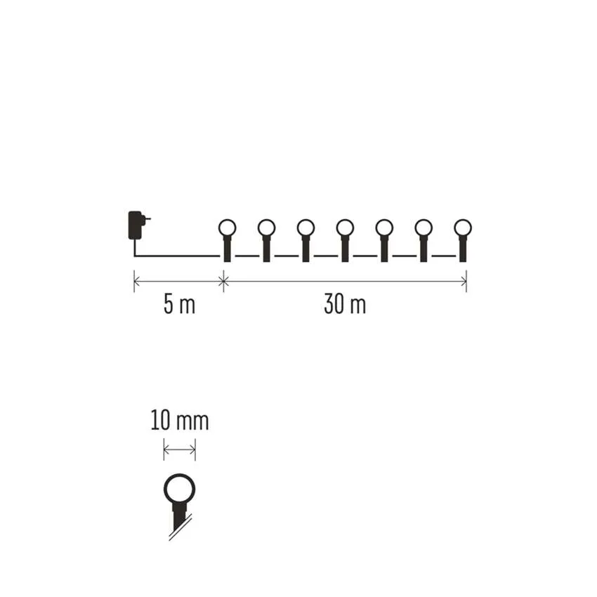Fények diagramja méretekkel: 5 m, 30 m és 10 mm. Egy áramforráshoz csatlakoztatott füzér látható.